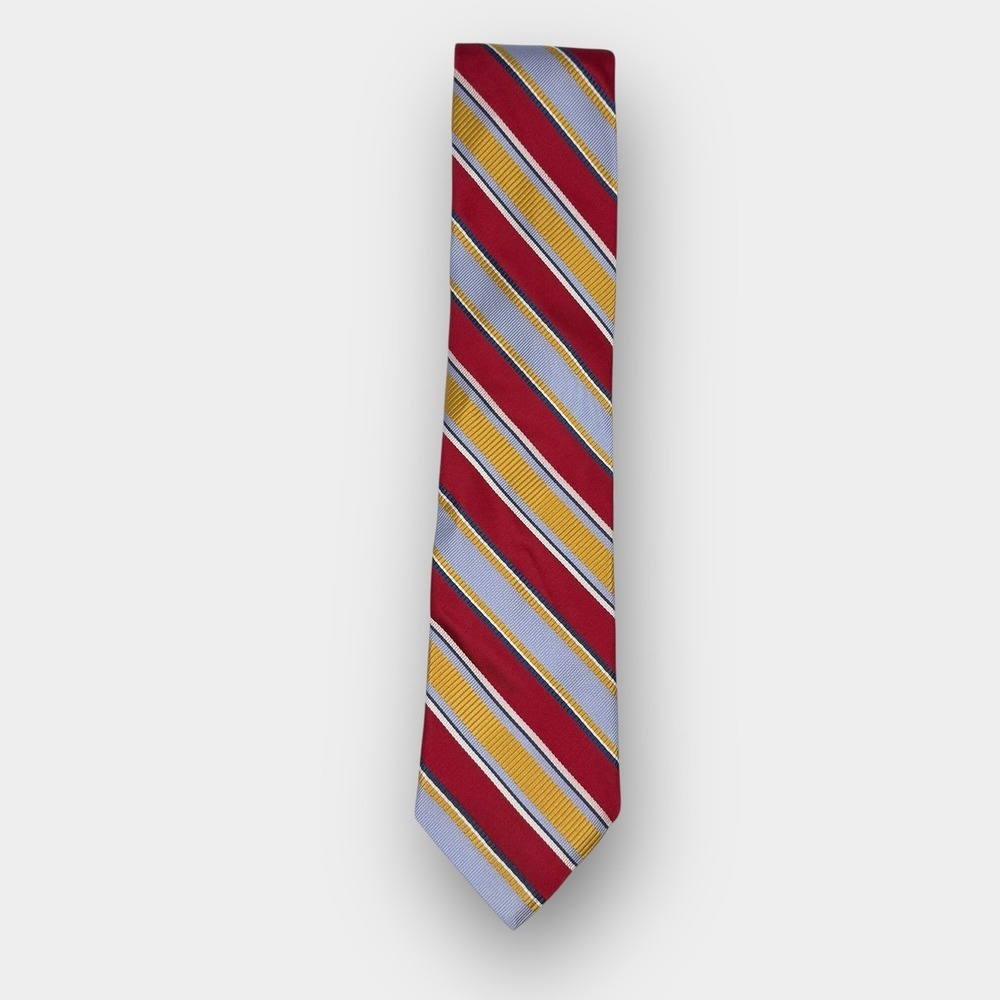 Dion‎ Collection Men’s Silk Necktie Red Blue Yellow Striped Handmade 3.5" x 60"